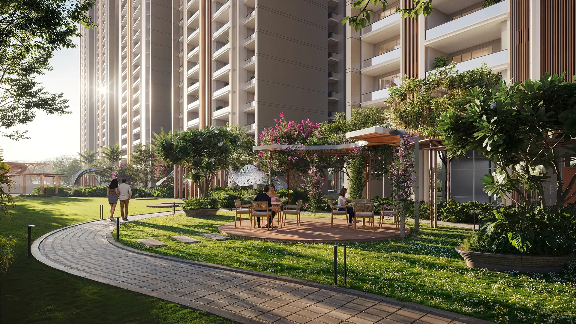 Seating area along pathway at Suncity Monarch Residences Gurgaon